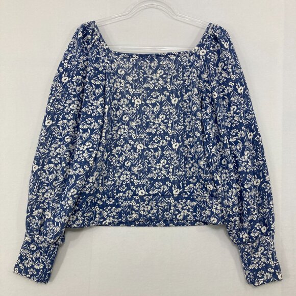 New LC Lauren Conrad Large Blue White Ditsy Floral Square Neck Puff Sleeve Blous - Picture 9 of 10